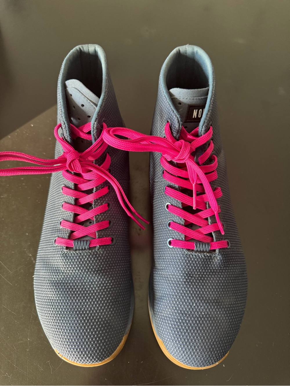 NOBULL Gray Knit High-Top Athletic Shoes with Hot Pink Laces